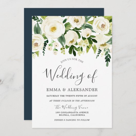 White Flowers Modern Wedding Invitation Kaart (Voorkant / Achterkant)