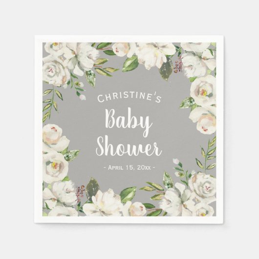 White Flowers Neutral Grey Baby shower Sprinkle Servet (Voorkant)