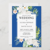 White Flowers on Blue Wedding  Invitation Kaart (Voorkant)