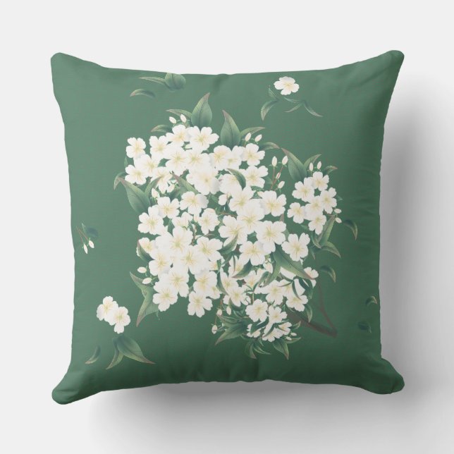White Flowers on Dark Green Chinoiserie Pattern Kussen (Achterkant)