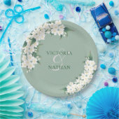 White Flowers on Green Chinoiserie Pattern Wedding Papieren Bordje (Feest)