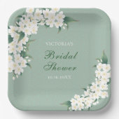 White Flowers on Green Pattern Vrijgezellenfeest Papieren Bordje (Voorkant)