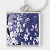 White Flowers op Blue Grunge Sleutelhanger (Voorkant)