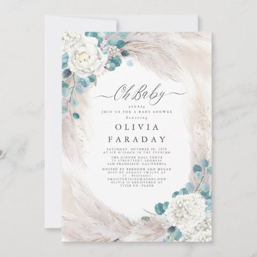 White Flowers Pampas Grass Baby shower Invitation Kaart (Voorkant)