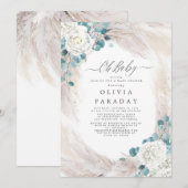 White Flowers Pampas Grass Baby shower Invitation Kaart (Voorkant / Achterkant)