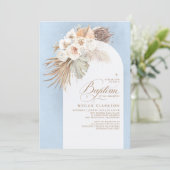 White Flowers Pampas Grass Boho Blue Baptisme Kaart (Staand voorkant)