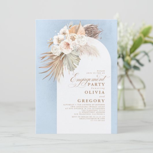 White Flowers Pampas Grass Boho Engagement Party Kaart (Staand voorkant)