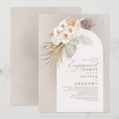 White Flowers Pampas Grass Boho Engagement Party Kaart (Voorkant / Achterkant)