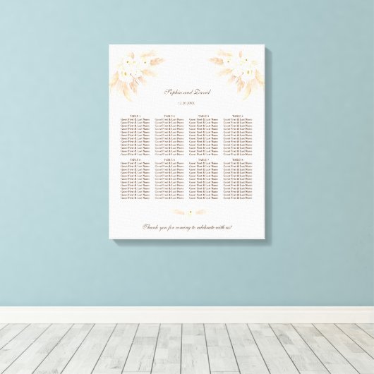 White Flowers Pampas Grass Wedding Seding Chart Canvas Afdruk (Insitu (Houten vloer))