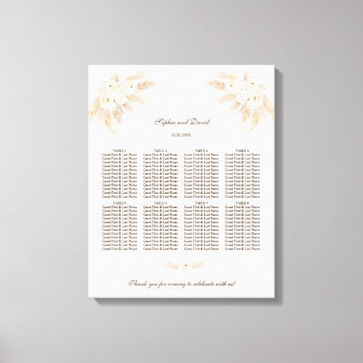 White Flowers Pampas Grass Wedding Seding Chart Canvas Afdruk (Voorkant)