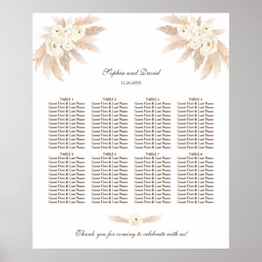 White Flowers Pampas Grass Wedding Seding Chart Poster (Voorkant)