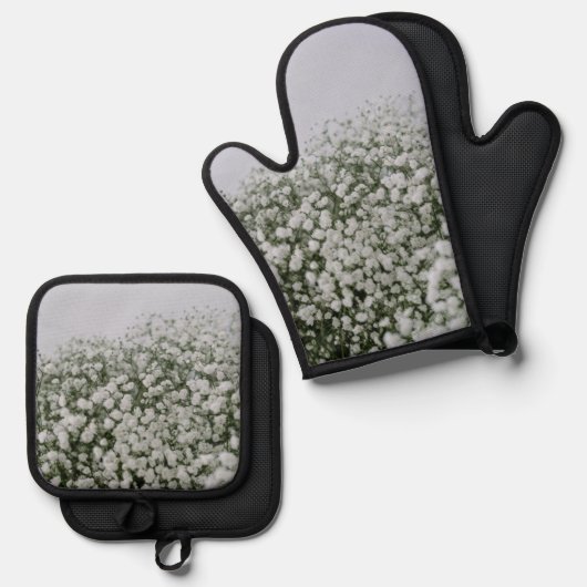 White Flowers Pattern Ovenwant & Pannenlap Set (Voorkant / Achterkant)