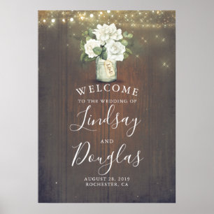 White Flowers Rustic Country Weddenschap Welkomstt Poster