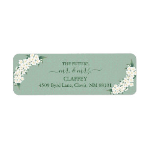 White Flowers Sage Green Gold Lijst Clouds Patroon Etiket