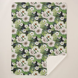 White Flowers Sherpa Blanket Deken