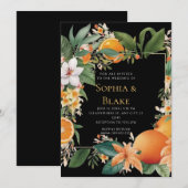 White Flowers, Sinaasappels and Greenery Black Wed Kaart (Voorkant / Achterkant)
