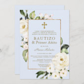 White Flowers Spain Boy 1st Birthday Baptisme Kaart (Voorkant / Achterkant)