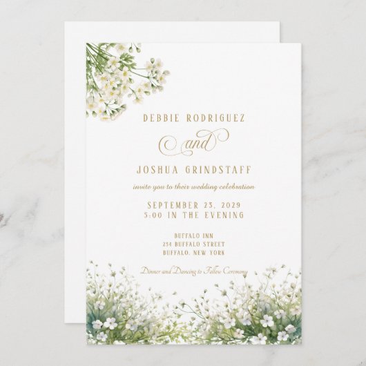 White Flowers Spring Wedding Invitation  Kaart (Voorkant / Achterkant)