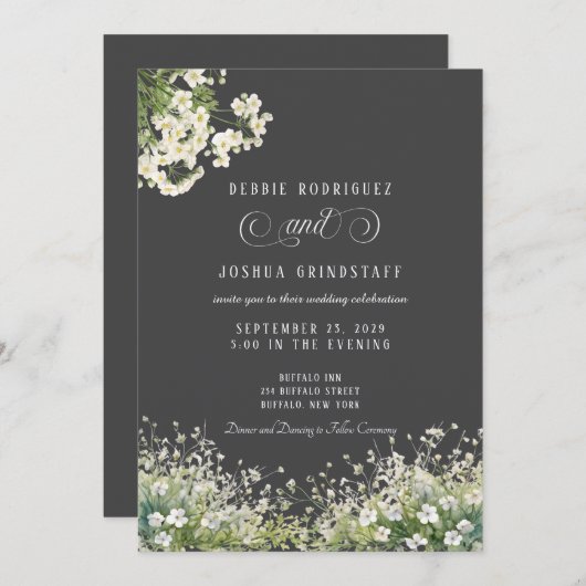 White Flowers Spring Wedding Invitation  Kaart (Voorkant / Achterkant)
