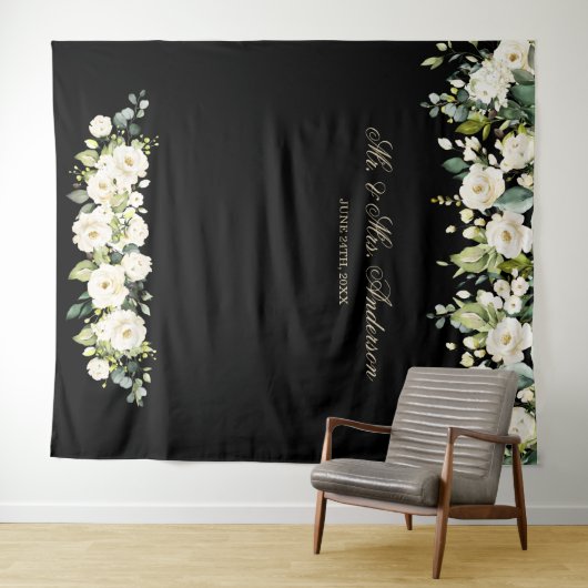 White Flowers Weddenschap Black Foto Booth Backdro Wandkleed (In Situ (horizontaal))