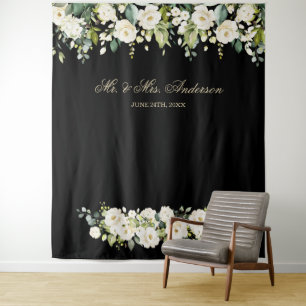 White Flowers Weddenschap Black Foto Booth Backdro Wandkleed