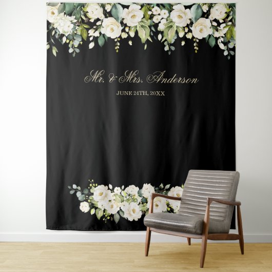 White Flowers Weddenschap Black Foto Booth Backdro Wandkleed (In situ)