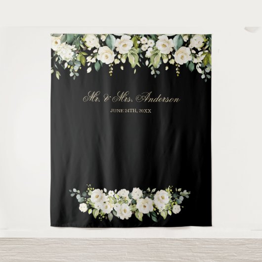 White Flowers Weddenschap Black Foto Booth Backdro Wandkleed (Voorkant)