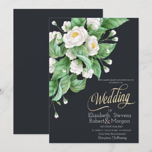 White Flowers Wedding Kaart (Voorkant / Achterkant)