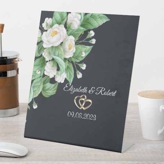 White Flowers Wedding Reclamebord Met Voetstuk (Insitu)