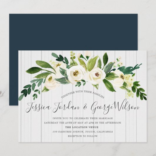 White Flowers Wood Background Wedding Invite Kaart (Voorkant / Achterkant)