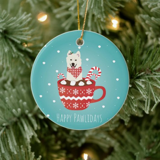 White Fluffy Dog Happy Pawlidays Keramisch Ornament (Boom)