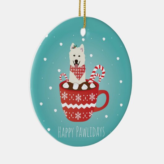 White Fluffy Dog Happy Pawlidays Keramisch Ornament (Rechts)