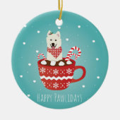 White Fluffy Dog Happy Pawlidays Keramisch Ornament (Voorkant)