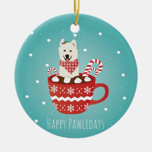 White Fluffy Dog Happy Pawlidays Keramisch Ornament (Voorkant)