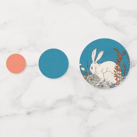 White Fluffy Rabbit Oranje Flowers Blue Confetti (Achterkanten)