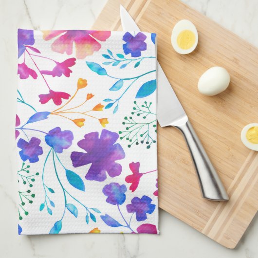 White Fluro Flowers Pattern Kitchen Tea Towel Theedoek (Quarter Fold)