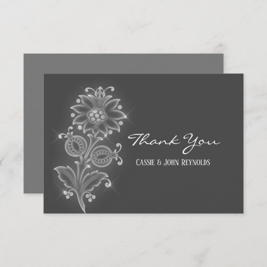 White Folk Art Flower on Grey Custom Wedding Bedankkaart (Voorkant / Achterkant)
