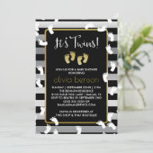 White Footprint Silver & Gold Twins Baby shower Kaart (Staand voorkant)