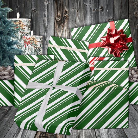 White Forest Green Candy Cane Stripe Vakantie Cadeaupapier