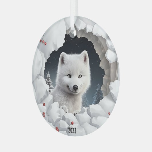 White Fox Kerstmis Glas Ornament (Voorkant links)