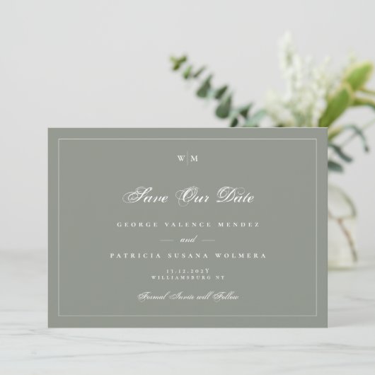 White Frame Monogram Sage Green Gray Photo Wedding Save The Date (Staand voorkant)
