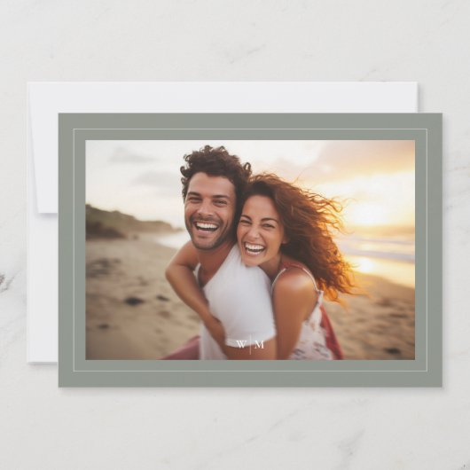 White Frame Monogram Sage Green Gray Photo Wedding Save The Date (Achterkant)