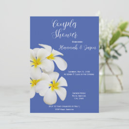 White Frangipani Flowers, on Blue, Couples Shower Kaart