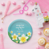 White Frangipani Flowers on Blue Tropical Wedding Papieren Bordje (Feest)