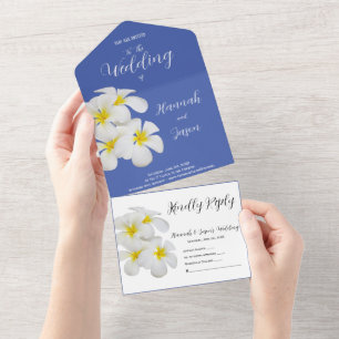 White Frangipani Flowers, op Blue, Floral Wedding All In One Uitnodiging