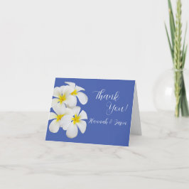White Frangipani Flowers, op Blue, Floral Wedding Bedankkaart
