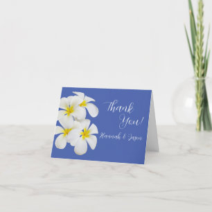 White Frangipani Flowers, op Blue, Floral Wedding Bedankkaart