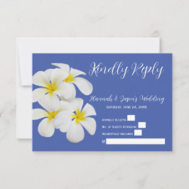 White Frangipani Flowers, op Blue, Wedding RSVP Bedankkaart