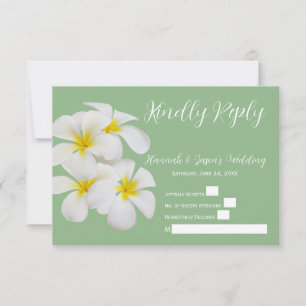 White Frangipani Flowers, op Sage, Wedding RSVP Bedankkaart