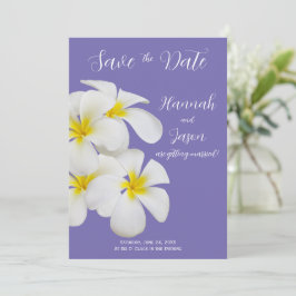 White Frangipani Flowers, Periwinkle, Save Date Kaart